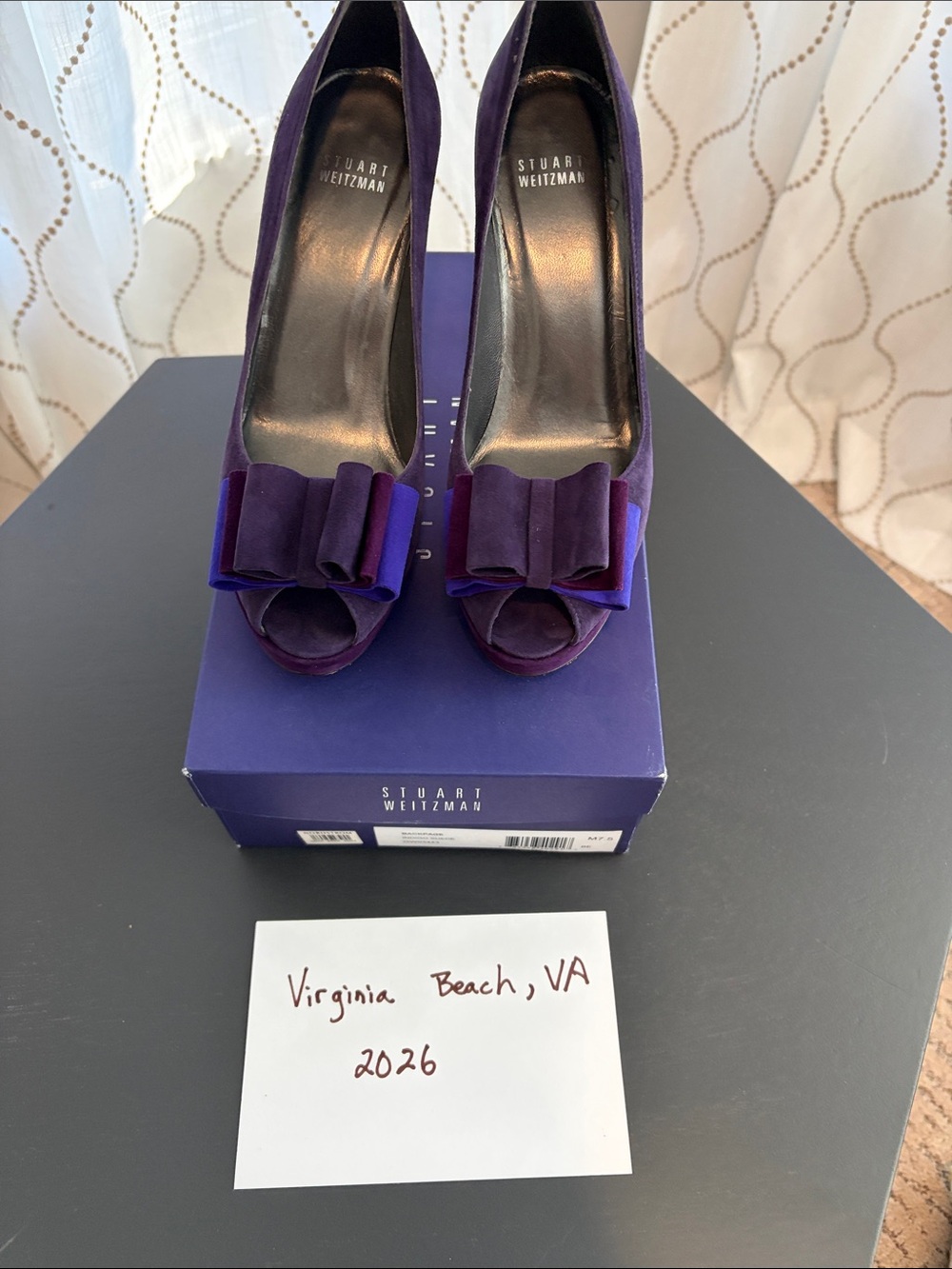Stuart Weitzman Purple Velvet Bow Peep-Toe Pumps
